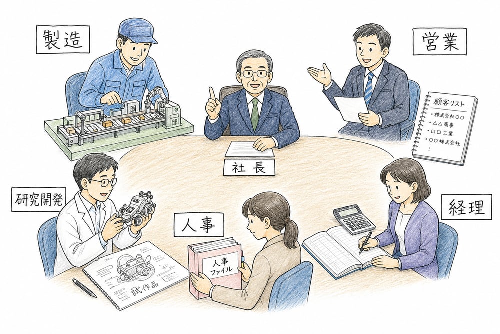 製造、営業、研究開発、人事、経理に分かれる職能部門組織の基本構造
