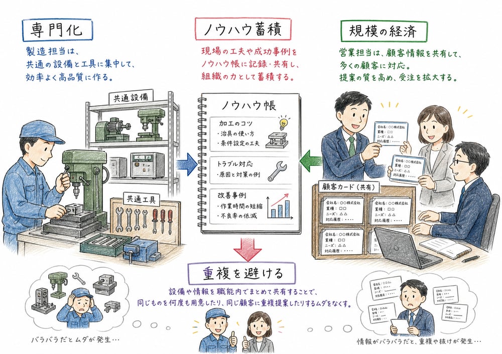 同じ職能をまとめることで専門化と規模の経済が働くことを示す図解