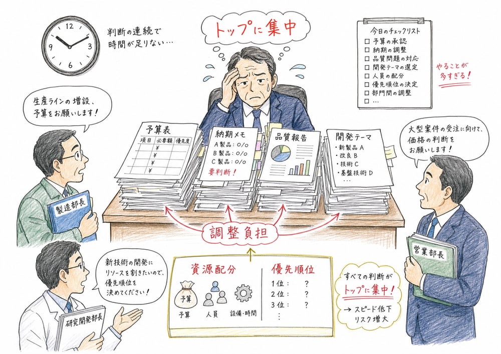 部門横断の判断がトップに集中し調整負担が大きくなることを示す図解