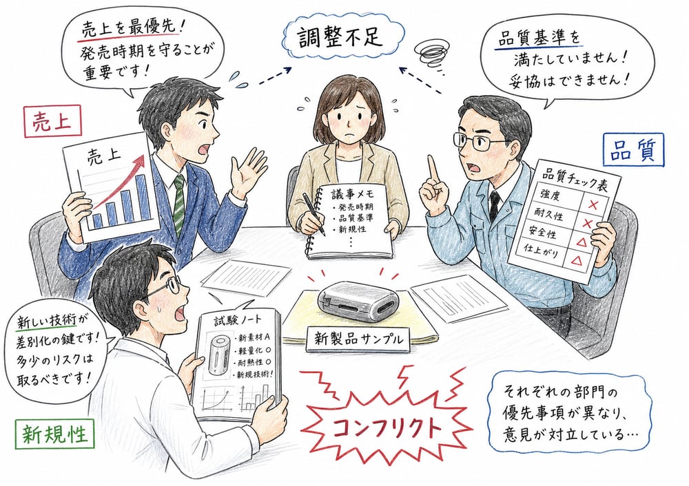 営業、製造、研究開発の優先事項がずれて部門間コンフリクトが起きる図解