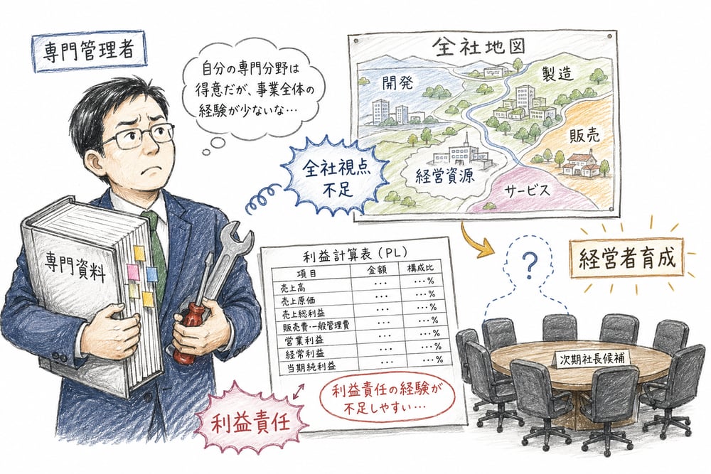 専門管理者は育ちやすいが全社視点や利益責任の経験が不足しやすい図解