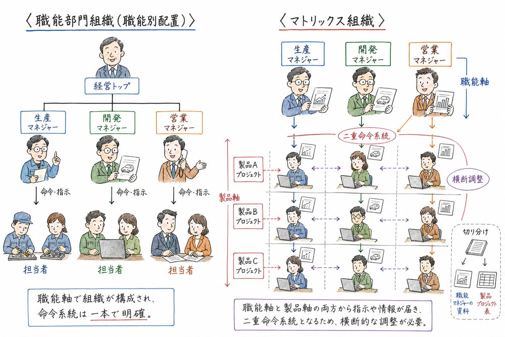 職能軸中心の組織と職能軸と製品軸が重なるマトリックス組織を切り分ける図解