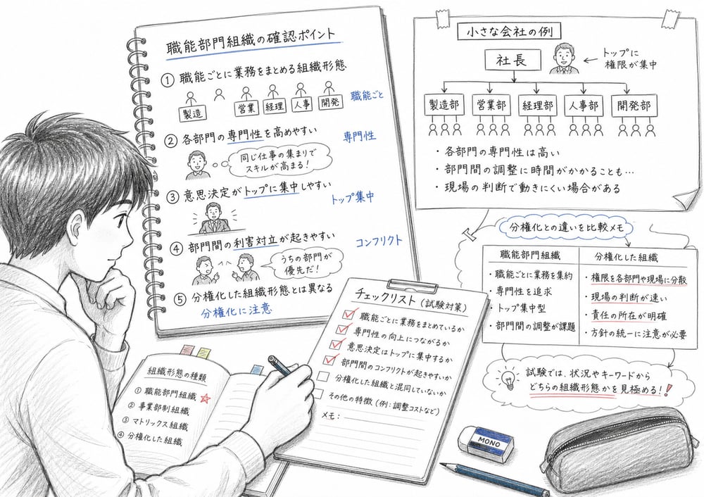 職能部門組織の長所と短所を試験で確認するためのチェックポイント図解