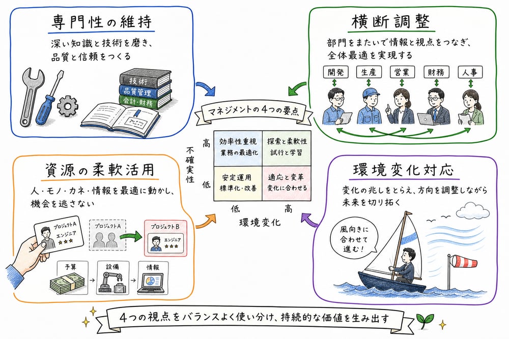 マトリックス組織の長所である専門性の維持、横断調整、資源の柔軟活用、環境変化対応を整理する図解