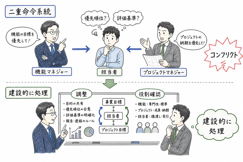 二重命令系統で担当者に指示が集まりコンフリクトを調整する必要があることを示す図解