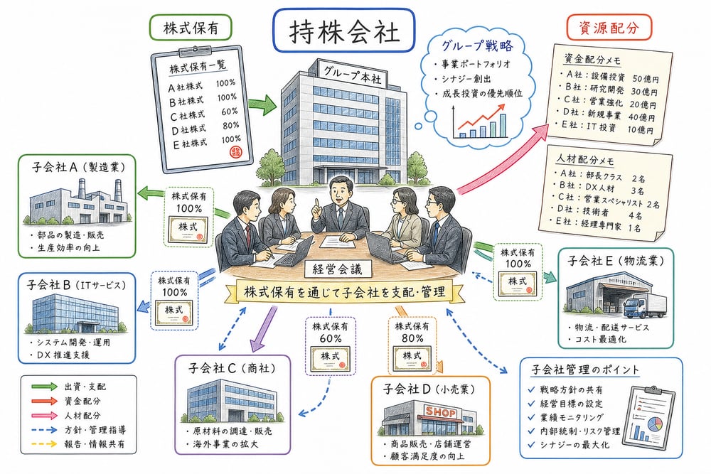 持株会社が株式保有を通じて子会社を管理しグループ戦略と資源配分を行う全体像