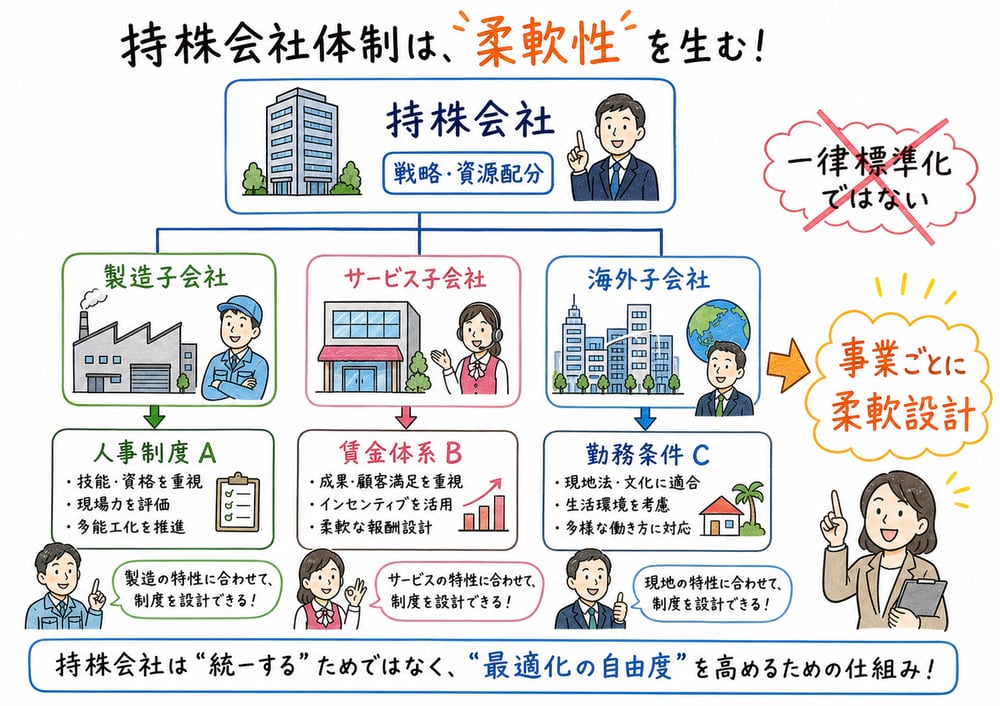 持株会社制では一律標準化ではなく事業会社ごとに制度を柔軟設計しやすいことを示す図解