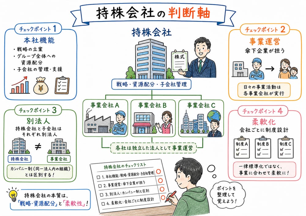 持株会社の試験判断軸を本社機能、事業運営、別法人、柔軟化でまとめた図解