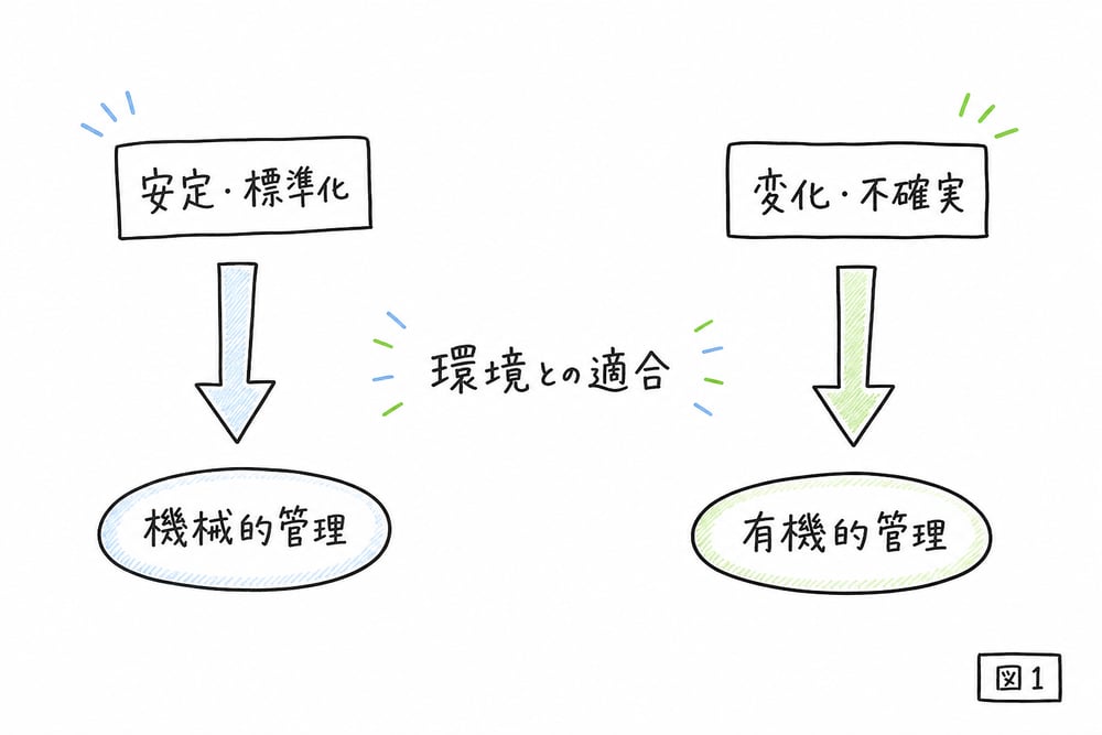 安定環境には機械的管理、不確実環境には有機的管理が適合することを示す手書き図