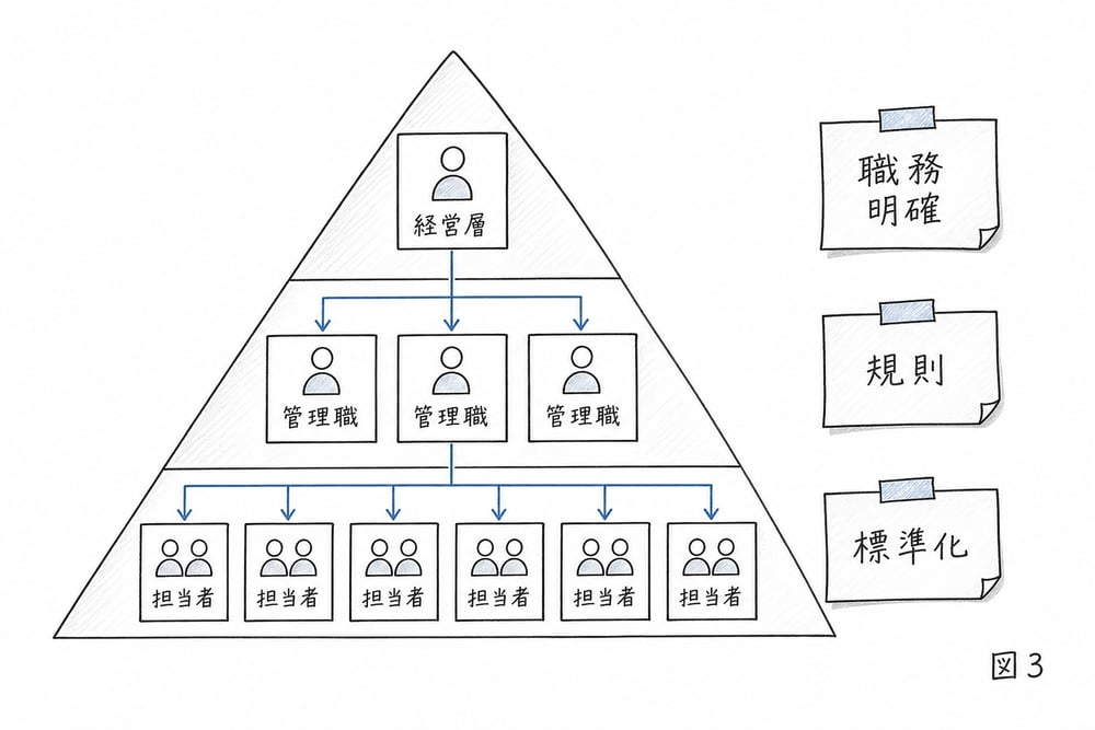 階層、命令系統、職務明確化、規則で機械的管理システムを表す手書き図
