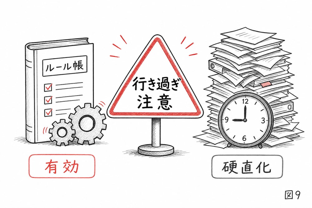 機械的な仕組みが行き過ぎると硬直化して官僚制の逆機能につながることを示す手書き図