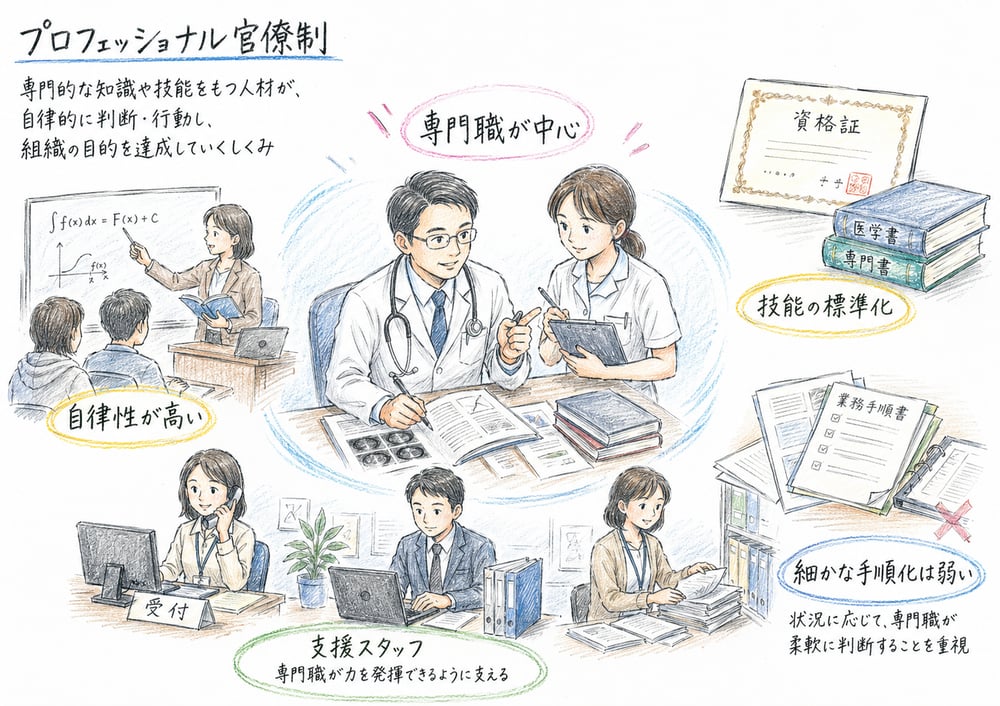プロフェッショナル官僚制を専門職の自律性と技能の標準化で説明する図解