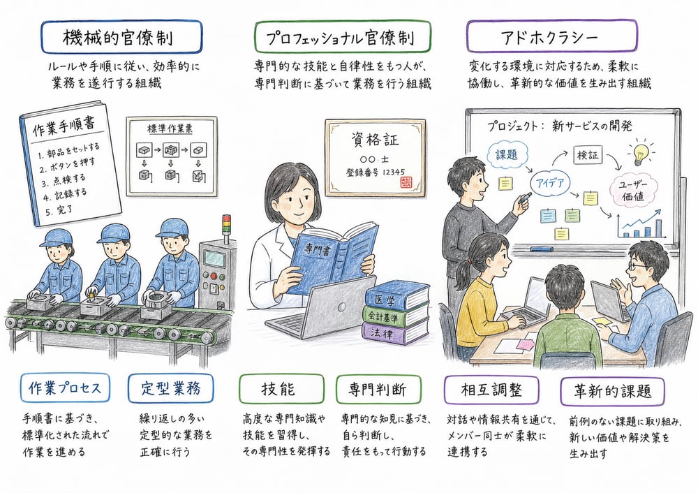 機械的官僚制、プロフェッショナル官僚制、アドホクラシーの違いを比較する図解