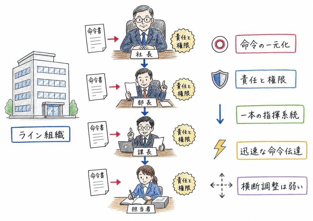 ライン組織を命令の一元化と責任権限の一本化で示す図解