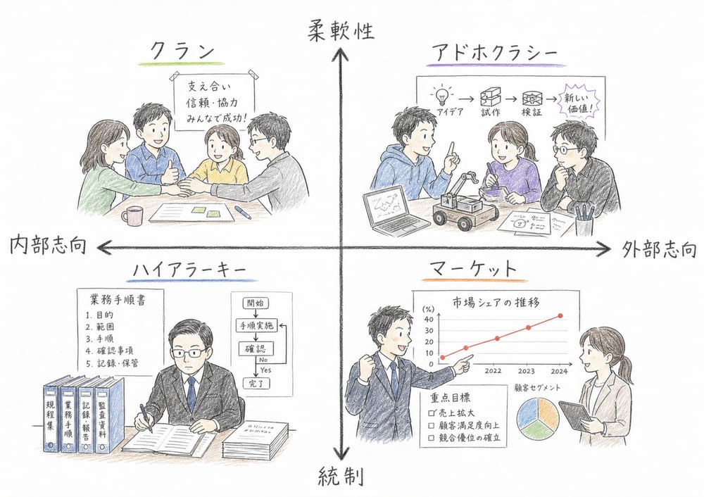 競合価値観フレームワークの内部外部と柔軟統制の2軸
