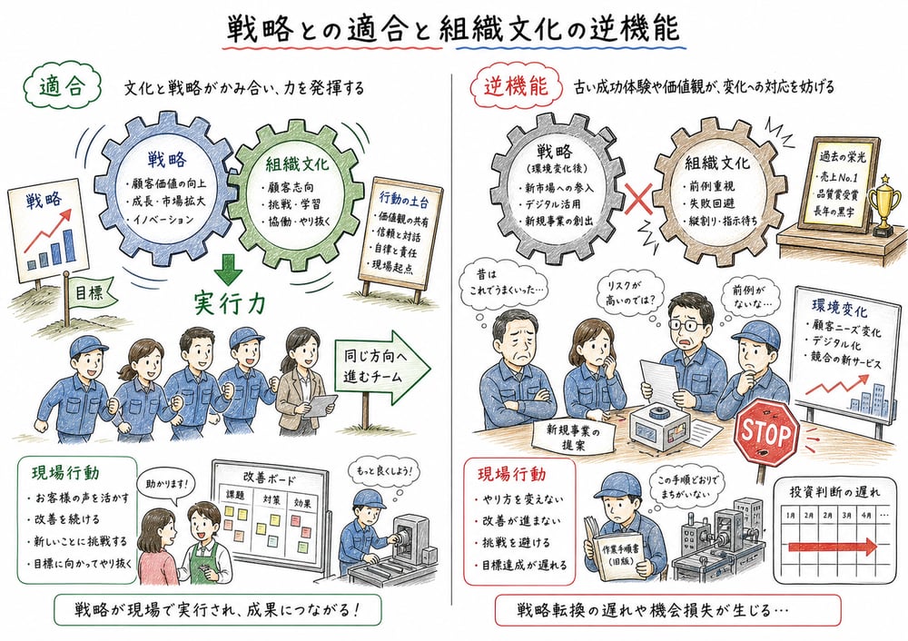 戦略と文化の適合による実行力と組織文化の逆機能を対比した図解