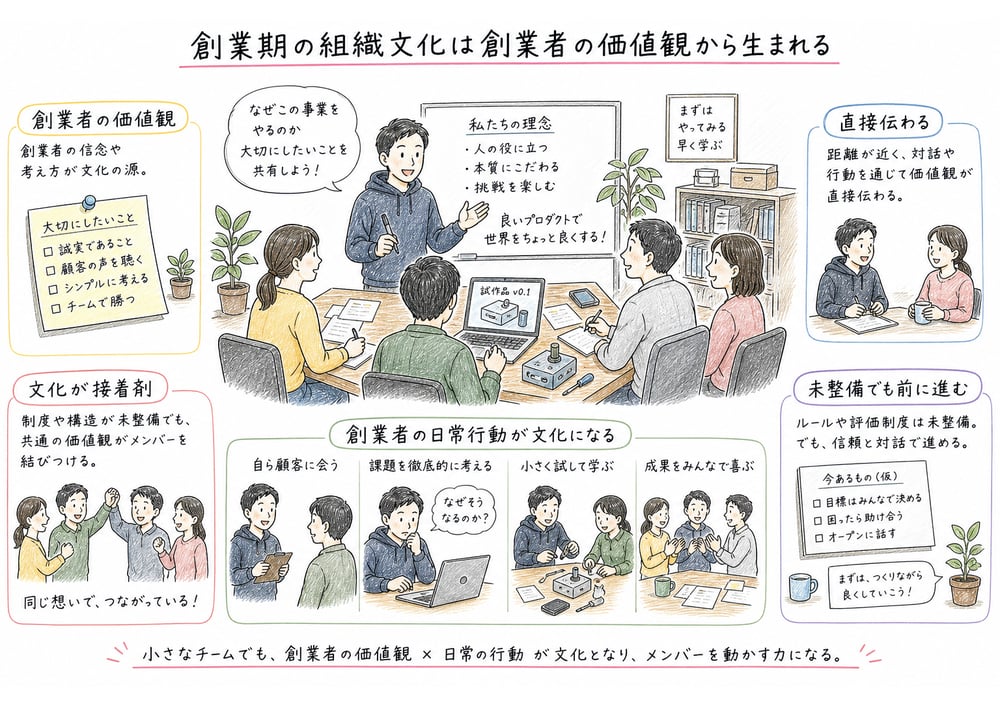創業期に創業者の価値観が少人数組織へ直接伝わり文化の接着剤になることを示す図解
