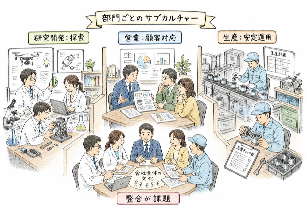 成長・分化段階で研究開発、営業、生産など部門ごとのサブカルチャーが生まれることを示す図解