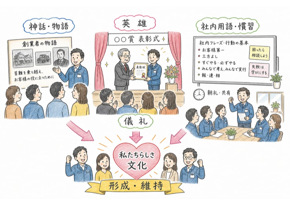 神話、物語、英雄、儀礼が組織文化の形成と維持に使われることを示す図解