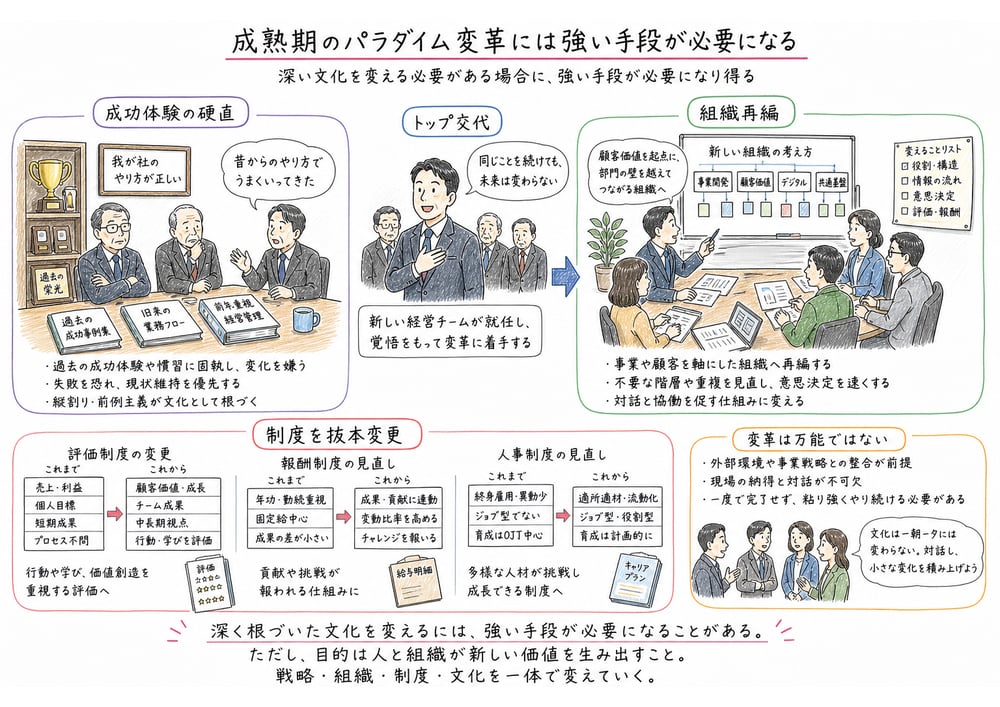 成熟期に成功体験が硬直した場合、トップ交代や組織再編など強い手段が必要になり得ることを示す図解