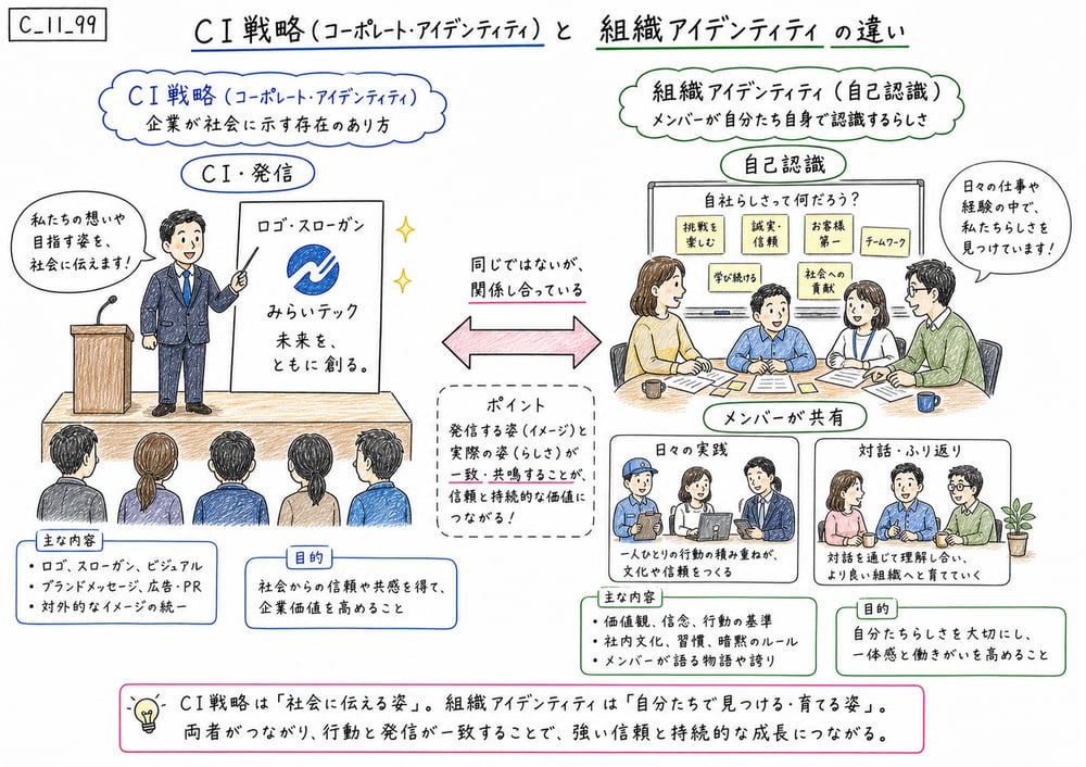 CI戦略と組織アイデンティティの違いを比較した図解