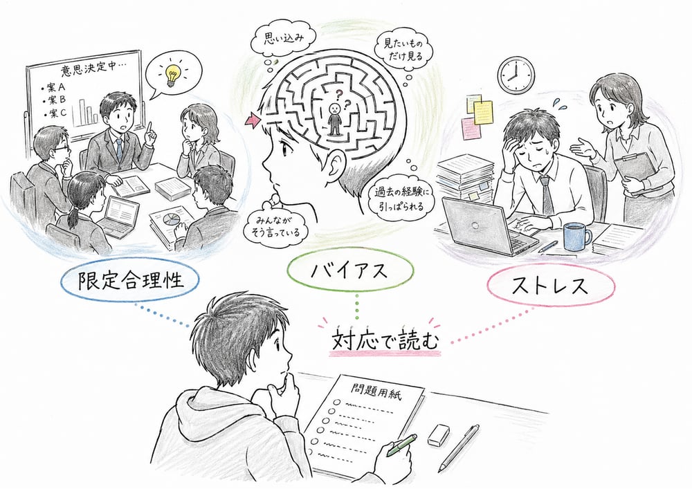 意思決定、認知バイアス、組織ストレスを説明文と概念名の対応で整理する図解