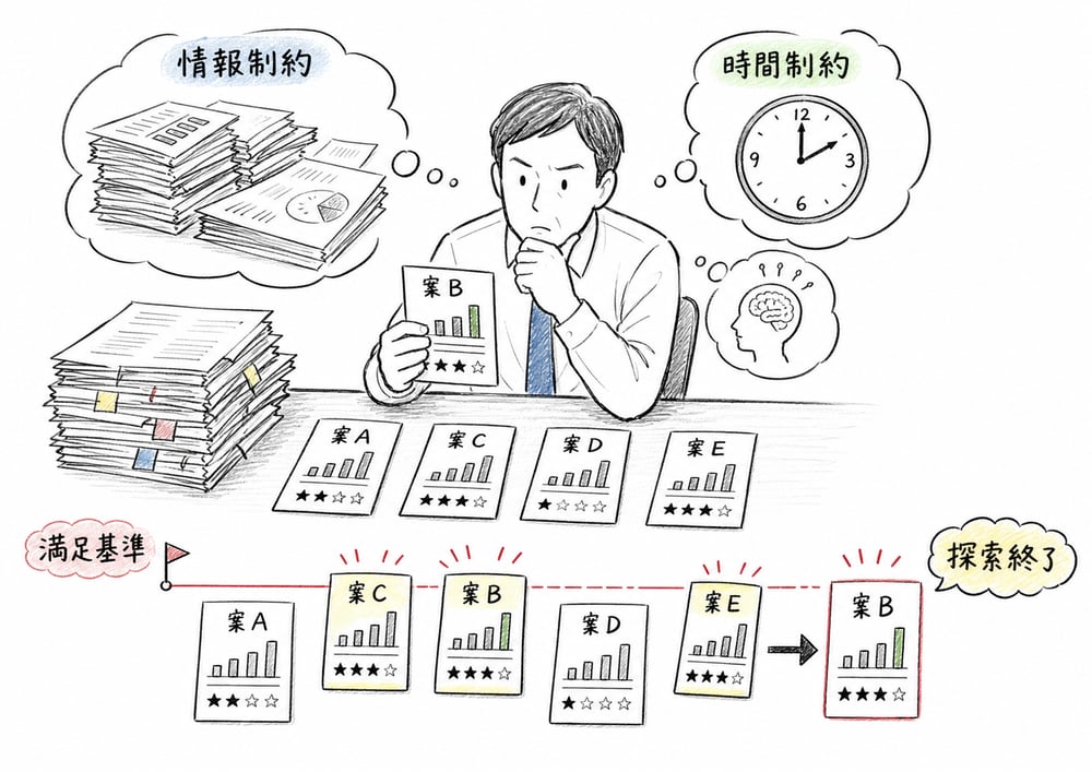 限定された合理性と満足化原理を情報制約、時間制約、満足基準で整理する図解
