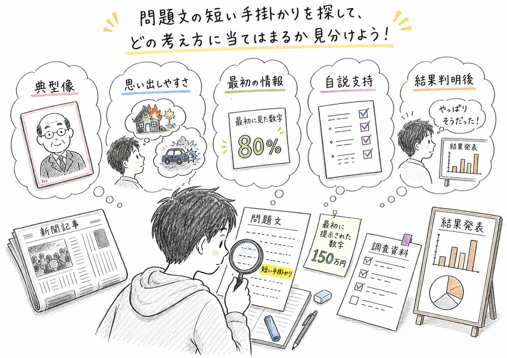 ヒューリスティックと認知バイアスを典型像、思い出しやすさ、最初の情報などで見分ける図解