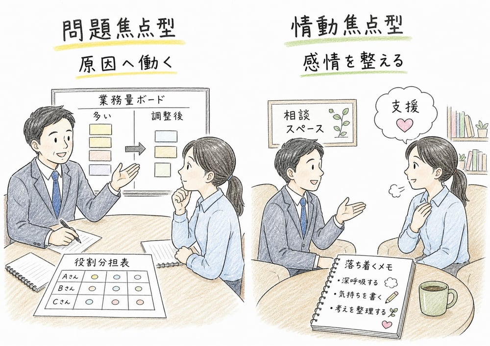問題焦点型コーピングと情動焦点型コーピングを対比する図解