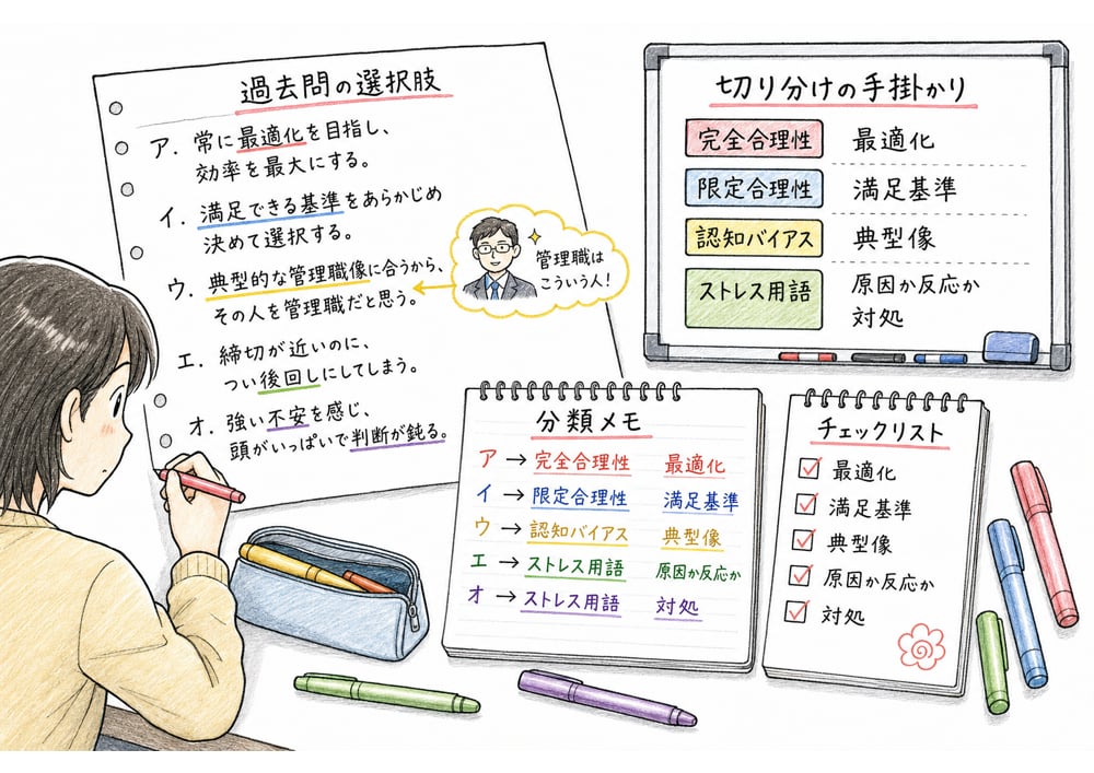 過去問の選択肢を最適化、満足基準、典型像、原因か反応かで切り分ける図解