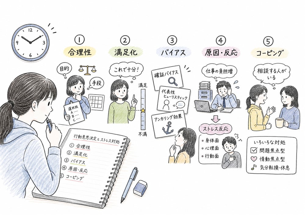 合理性、満足化、バイアス、原因と反応、コーピングの順で確認する図解