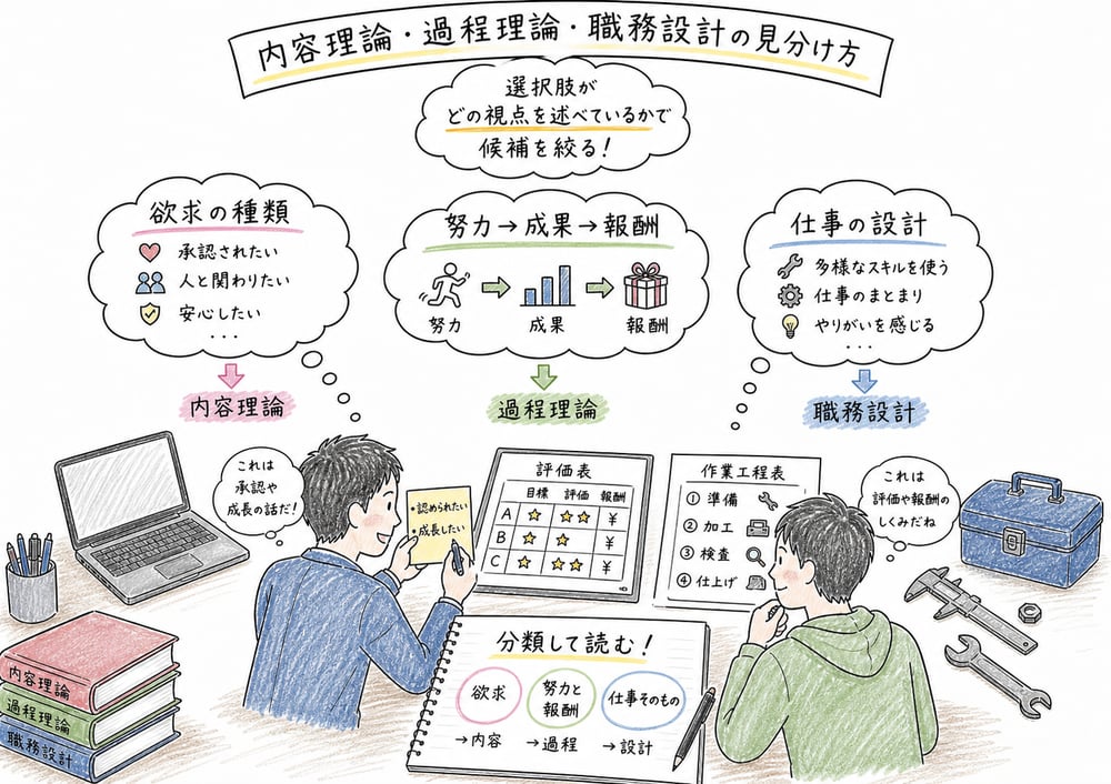内容理論・過程理論・職務設計の見分け方の図解