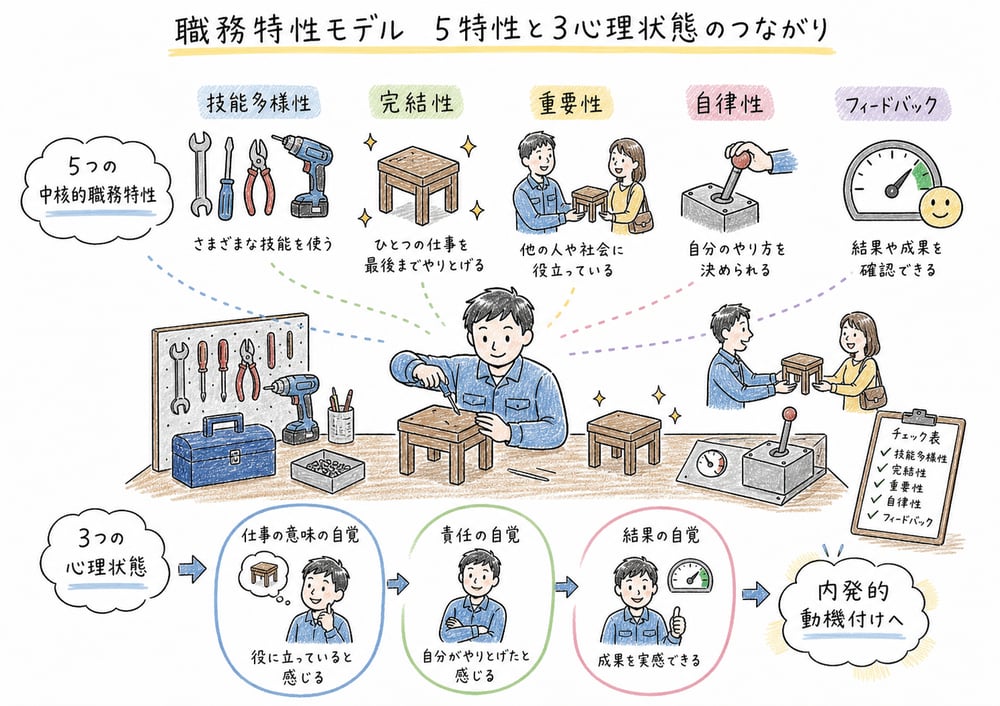 職務特性モデルの5特性と3心理状態の図解