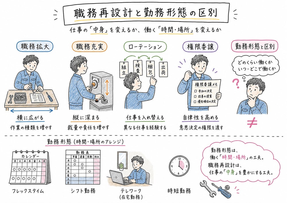 職務再設計と勤務形態の区別の図解