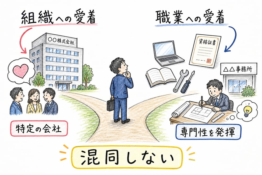 組織への愛着と職業への愛着の違いを示す図解