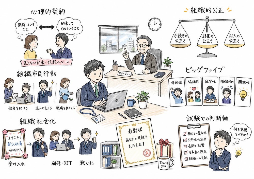 組織における個人の周辺論点を心理的契約、公正、個人特性、自発的行動、社会化に分けて整理する図解
