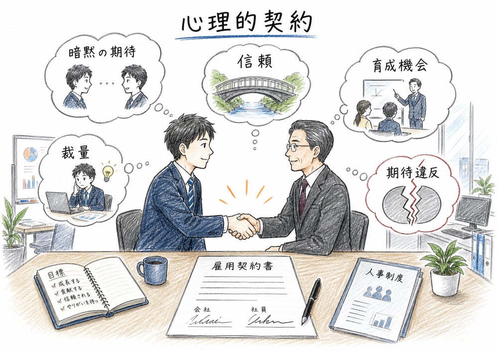 従業員と組織の暗黙の相互期待として心理的契約を整理する図解