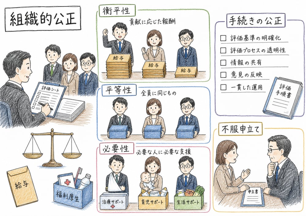 組織的公正を衡平性、平等性、必要性、手続きの公正に分けて整理する図解