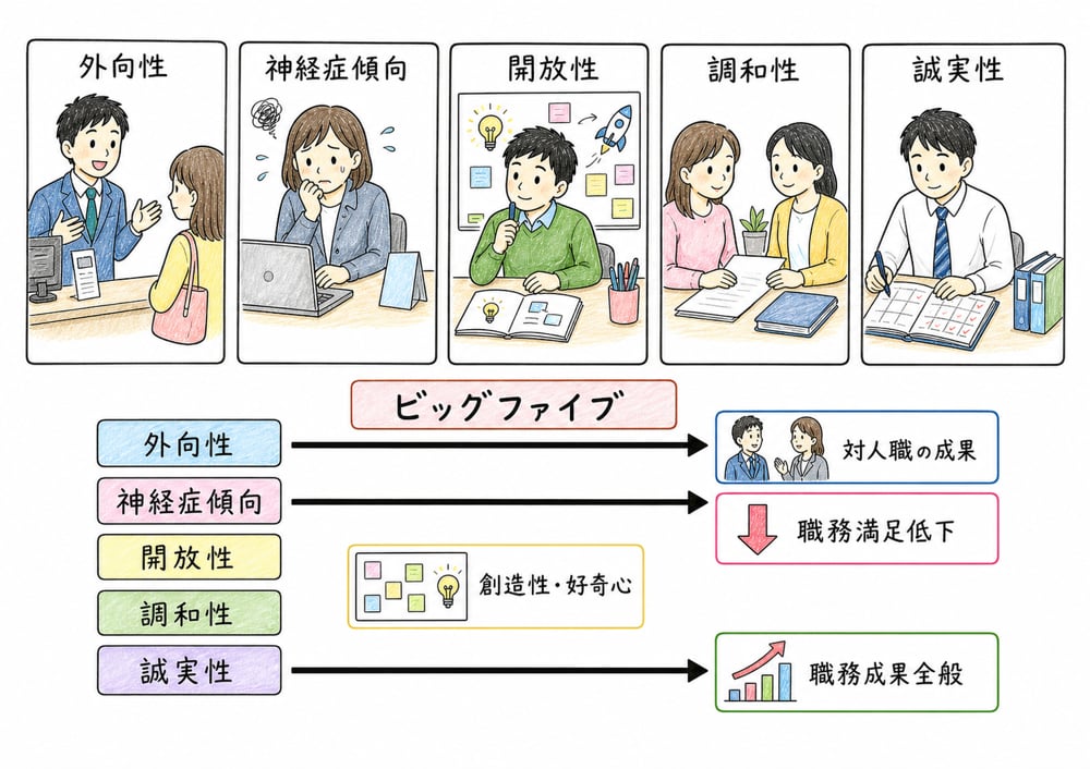 ビッグファイブの五特性と職務成果、職務満足との対応を整理する図解