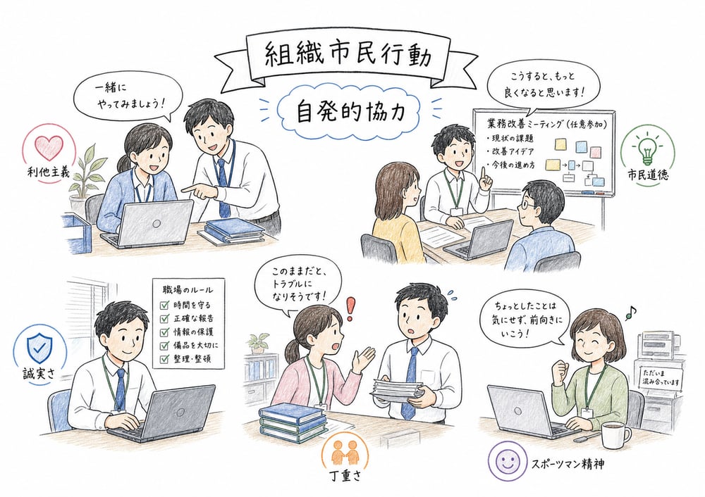 組織市民行動の五次元を職場での自発的協力行動として整理する図解