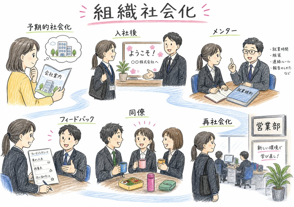 新メンバーが組織へ適応していく組織社会化の流れを整理する図解