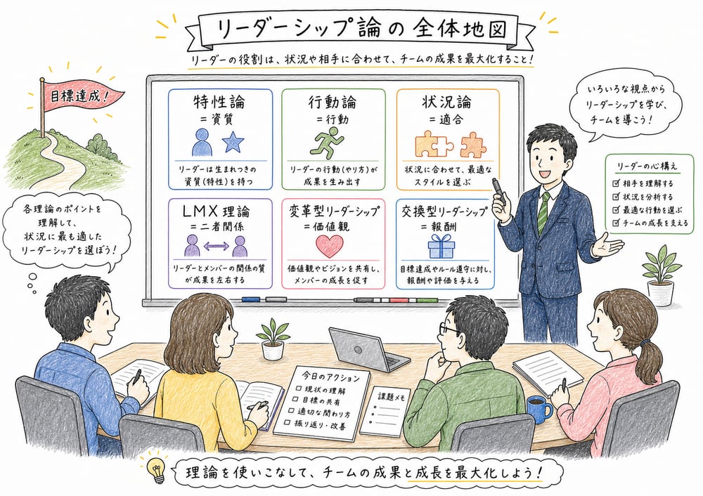 リーダーシップ論を特性論、行動論、状況論、LMX、変革型、交換型で整理する全体地図