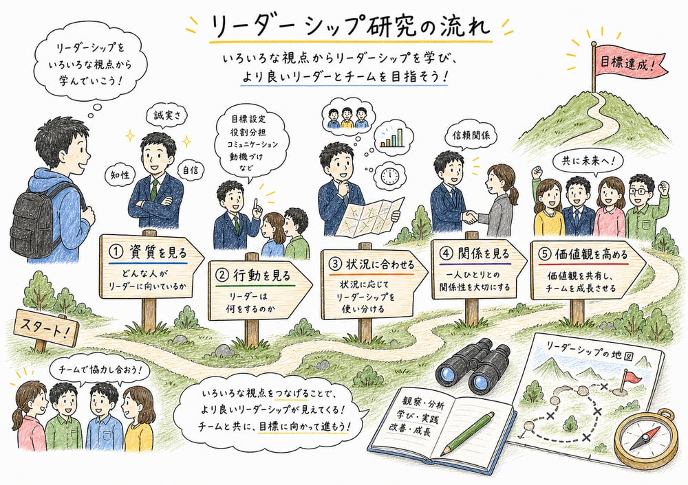 リーダーシップ論が資質、行動、状況、関係、価値観へ関心を広げる流れ
