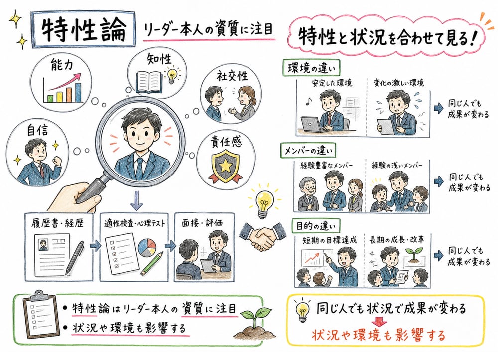 特性論が能力、知性、自信、社交性、責任感などリーダー本人の資質を見ること