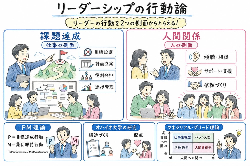 行動論を課題達成と人間関係の2軸で整理する図解