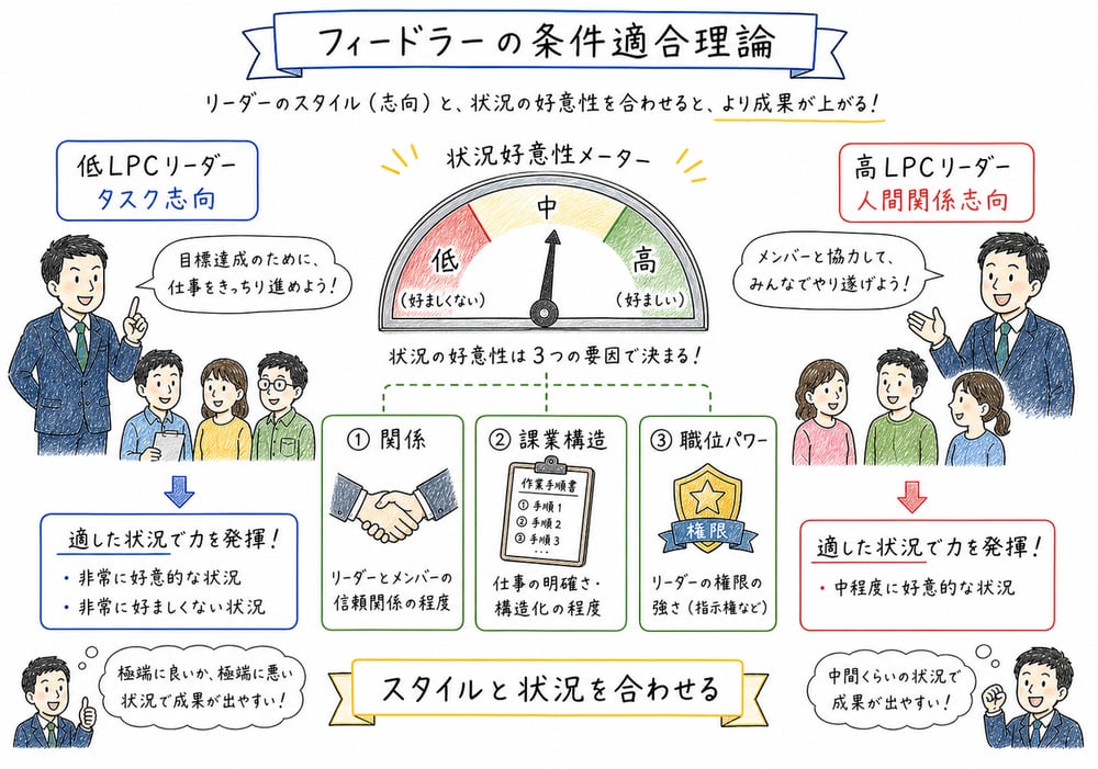 フィードラーの条件適合理論でLPCと状況好意性を対応させる考え方