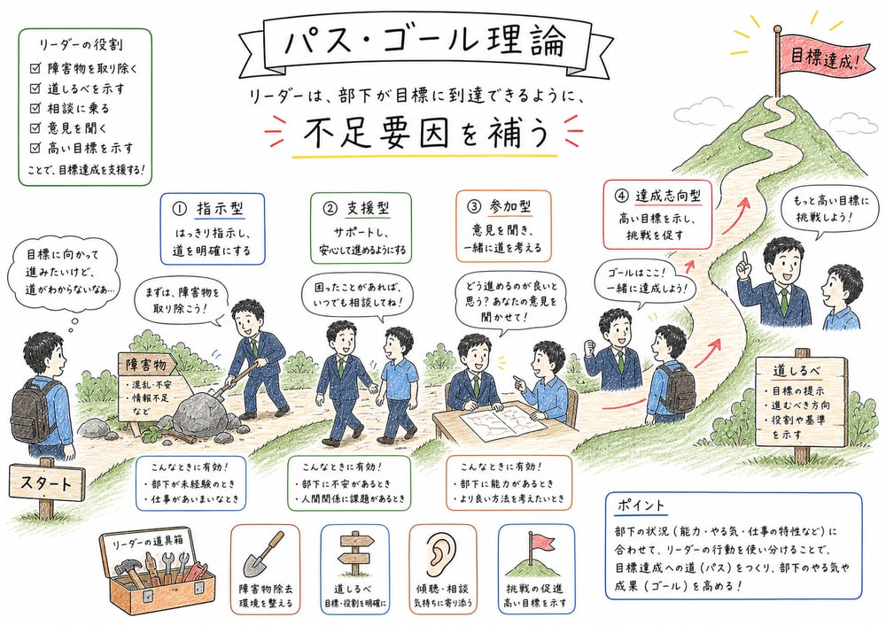 パス・ゴール理論でリーダーが目標への道筋を示し不足要因を補うこと