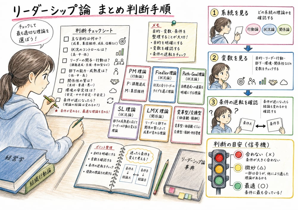 リーダーシップ論を系統、変数、条件対応の順に判断するまとめ