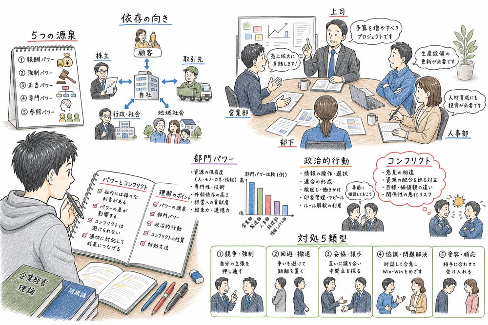 パワーとコンフリクトで覚える要点を示す図解