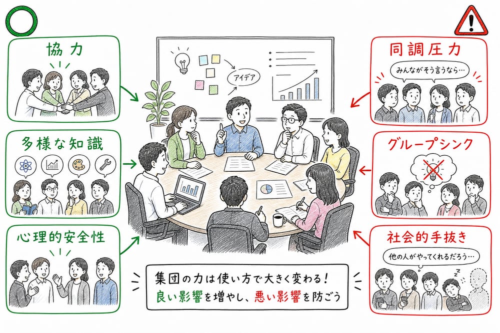集団論の全体像を、協力、多様な知識、心理的安全性と、同調圧力、グループシンク、社会的手抜きに分けて整理した図解